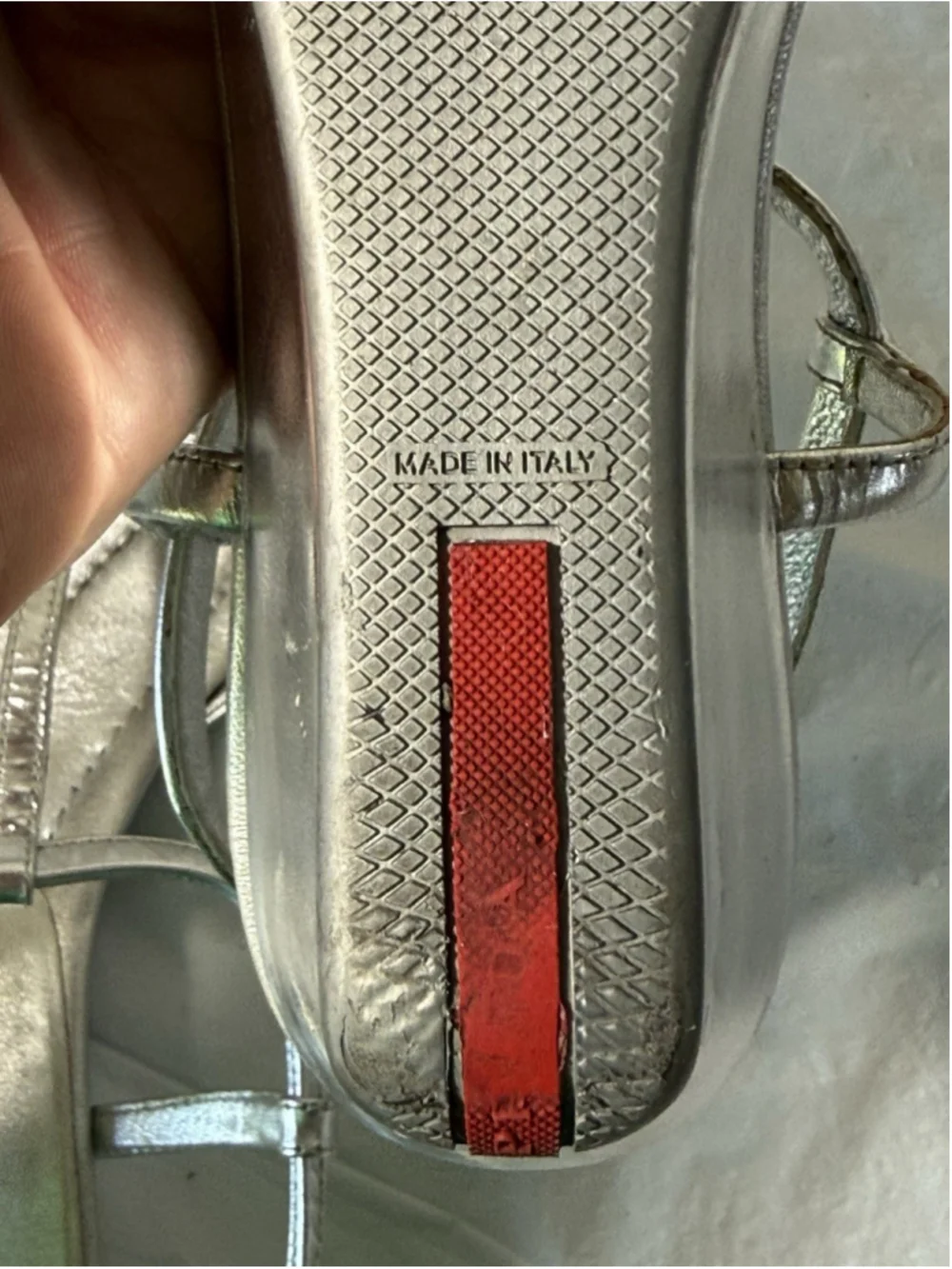PRADA, Wedge Sandals, Silver Leather, size 6 1/2